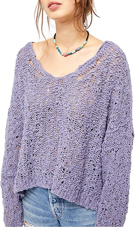 Free People Women's Purple Long Sleeve V Neck Tee Sweater Size M