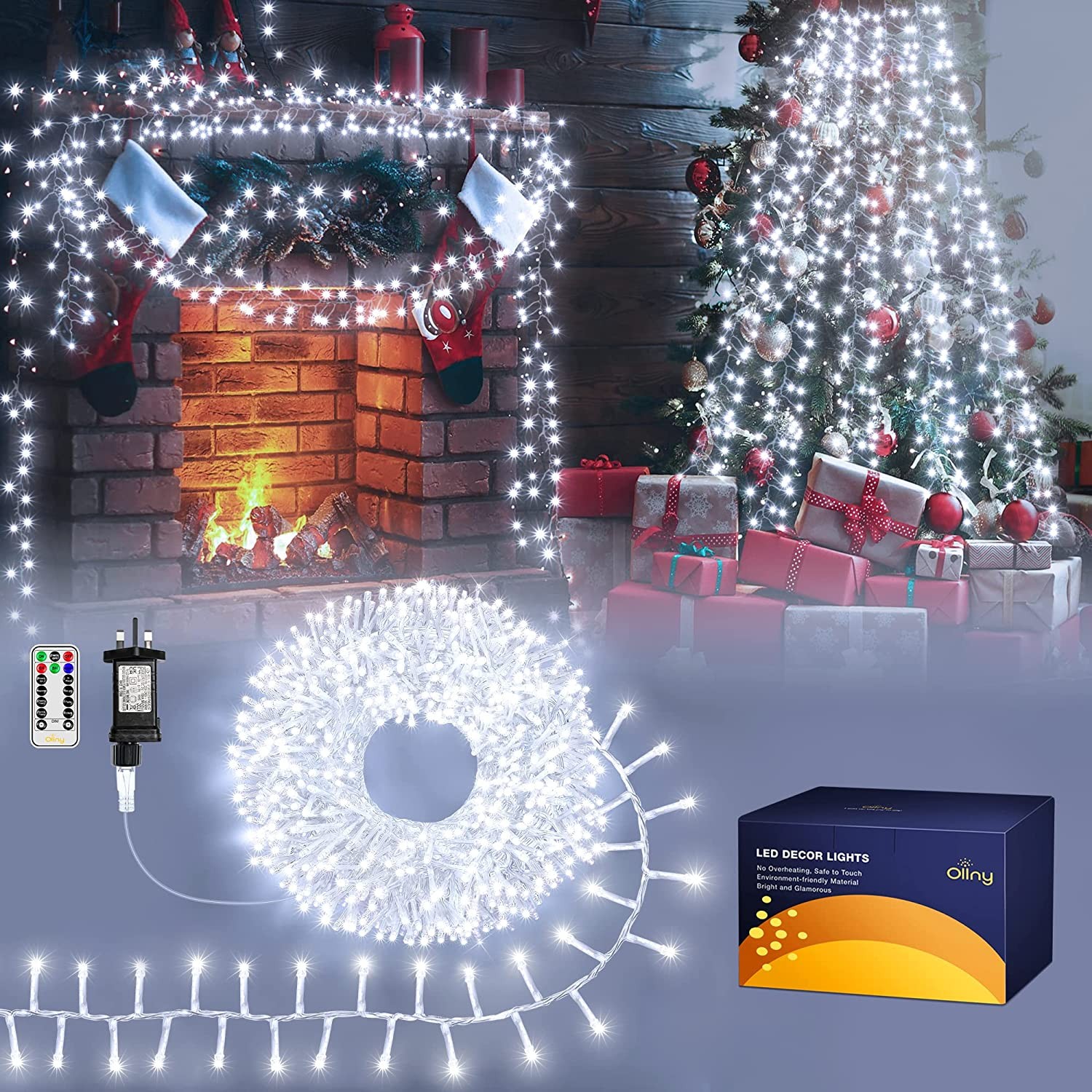 Ollny Christmas Cluster Tree Lights - Outdoor Christmas Decorations 9M 600 LED Waterproof Fairy String Light Plug in with Memory Timer Remote 8 Lighting Mode for Outside Garden Window